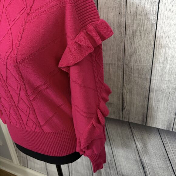 WHBM Women's Small Hollywood Pink Crew Neck Puff Ruffle Sleeve Cable Sweater - Picture 2 of 6